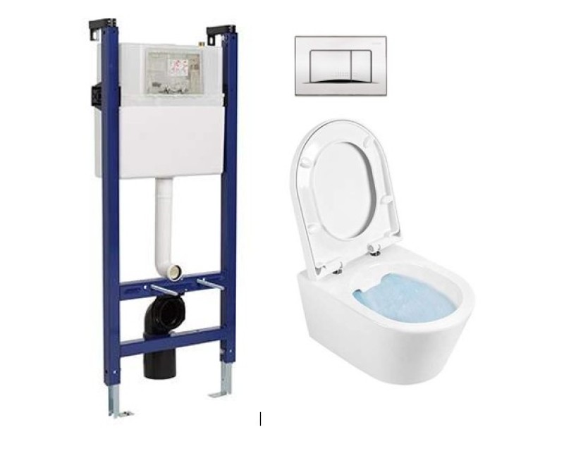 Комплект для унитаза Sanindusa Sanfix с рамой и унитазом Urb.y 48 Rimfree с крышкой SoftClose и Матовый хром кнопкой