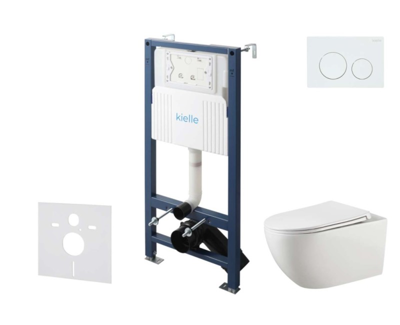 Tualeto komplektas Kielle Genesis su Kielle Gaia be rėmelio unitazu, SoftClose dangčiu ir Gemini New I baltu mygtuku 30528SS10