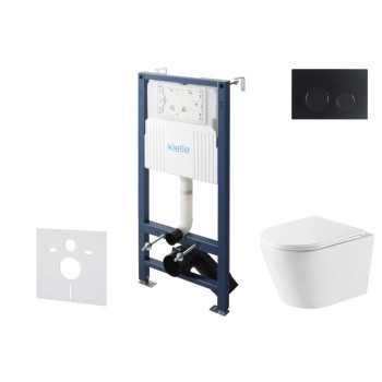 Tualeto komplektas Kielle Genesis su Kielle Nefia Vortex Rimless+ unitazu, SoftClose dangčiu ir Gemini New II juoda matinė mygtuku 30528SS51