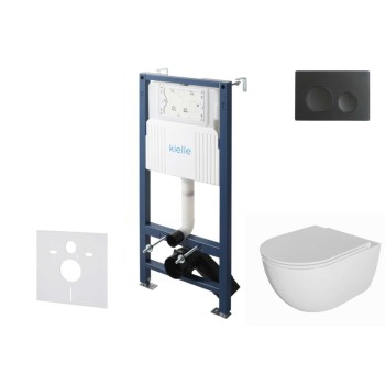 Tualeto komplektas Kielle Genesis su Kielle Oudee be krašto unitazu, SoftClose dangčiu ir Gemini New I matinės juodos mygtuku 30528SS03