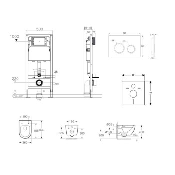 Tualetes poda komplekts Kielle Genesis Rāmis ar Klielle Oudee Rimless podu, SoftClose vāku un Gemini New II Hromētu Pogu 30528SS05