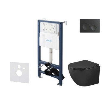 Tualetes poda komplekts Kielle Genesis Rāmis ar Klielle Oudee Vortex Rimless+ melnu podu, SoftClose vāku un Gemini New I Melnu Matētu Pogu 30528SS91