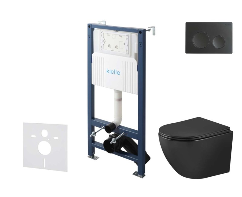 Tualetes poda komplekts Kielle Genesis Rāmis ar Klielle Oudee Vortex Rimless+ melnu podu, SoftClose vāku un Gemini New I Melnu Matētu Pogu 30528SS91