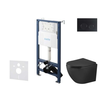 Tualetes poda komplekts Kielle Genesis Rāmis ar Klielle Oudee Vortex Rimless+ melnu podu, SoftClose vāku un Gemini New II Melnu Matētu Pogu 30528SS92