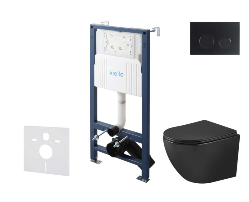 Tualetes poda komplekts Kielle Genesis Rāmis ar Klielle Oudee Vortex Rimless+ melnu podu, SoftClose vāku un Gemini New II Melnu Matētu Pogu 30528SS92