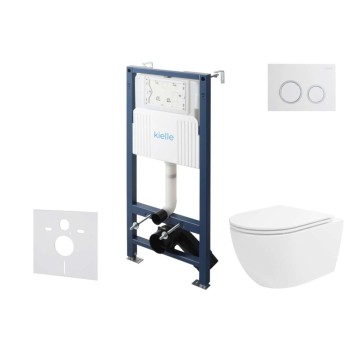 Tualetes poda komplekts Kielle Genesis Rāmis ar Klielle Oudee Vortex Rimless+ podu, SoftClose vāku un Gemini New II Hromētu/Baltu pogu 30528SS31