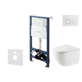 Tualetes poda komplekts Kielle Genesis Rāmis ar Klielle Oudee Vortex Rimless+ podu, SoftClose vāku un Gemini New II Hromētu/Baltu pogu 30528SS58