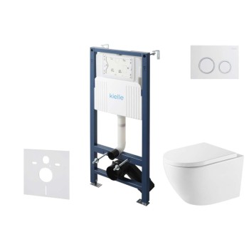 Tualetes poda komplekts Kielle Genesis Rāmis ar Klielle Oudee Vortex Rimless+ podu, SoftClose vāku un Gemini New II Hromētu/Baltu pogu 30528SS67