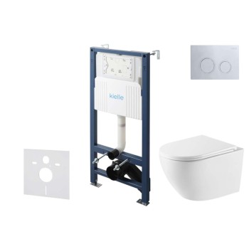 Tualeto komplektas Kielle Genesis su Kielle Oudee Vortex Rimless+ puodu, SoftClose dangčiu ir Gemini New II chromu mygtuku 30528SS59