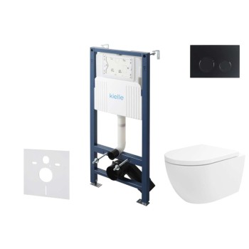 Tualetes poda komplekts Kielle Genesis Rāmis ar Klielle Oudee Vortex Rimless+ podu, SoftClose vāku un Gemini New II Melnu Matētu Pogu 30528SS24