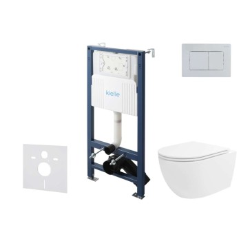 Tualeto komplektas Kielle Genesis su Kielle Oudee Vortex Rimless+ puodu, SoftClose dangčiu ir Gemini New III chromuota mygtuku 30528SS35