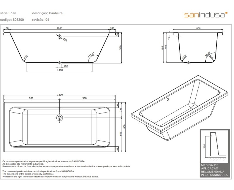 Ванна Sanindusa Plan 180x80см Белая