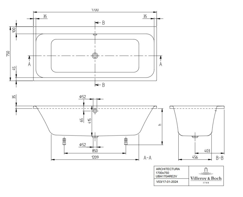 Vanna  Villeroy & Boch vanna Oberon Duo,  Quaryl® 1900x900 mm, ar kājām, balta