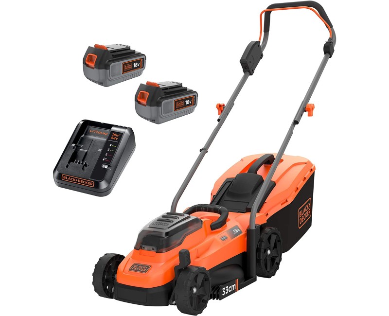 ГазонокосилкаBLACK+DECKER 18 В, ширина скашивания 33 см, 2 аккумулятора 2,5 Ач, зарядка BCMW3318L2-QW