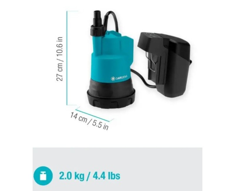 Iegremdējamais (Dernāžas) sūknis Gardena 2000/2 tīram ūdenim, 18V bez akumulatora un lādētāja, 970511001