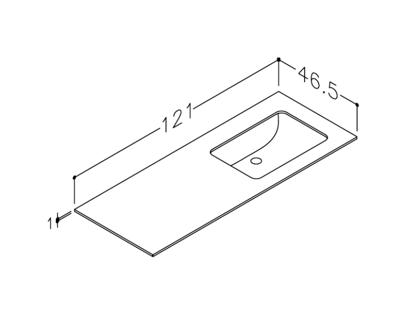 Vannas istabas virsma ar izlietni Kame Universal HPL 120 (ar sifonu) labā puse Black lava HPL WP/12-3/H17-P3-R