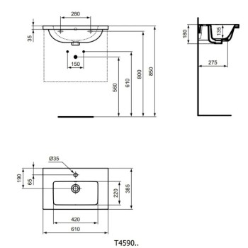 Mēbeļu izlietne Ideal Standard i.Life S  61x39x18 cm, ar pārplūdes atveri, jaucējkrānam, balta T459001