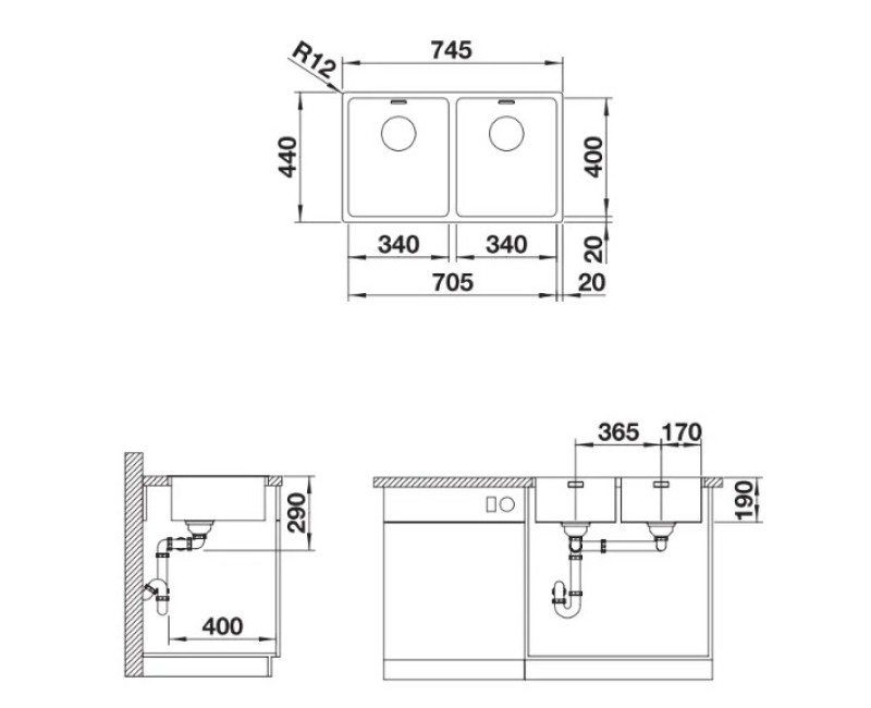 Virtuves izlietne Blanco Andano 340/340, 75x44 cm, nerūsējošais tērauds 522981