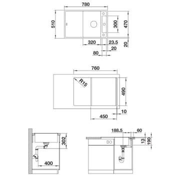Virtuves izlietne Blanco Axia III 45 Silgranīta, 78x51 cm, ar aksesuāriem, InFino, antracīts 523183