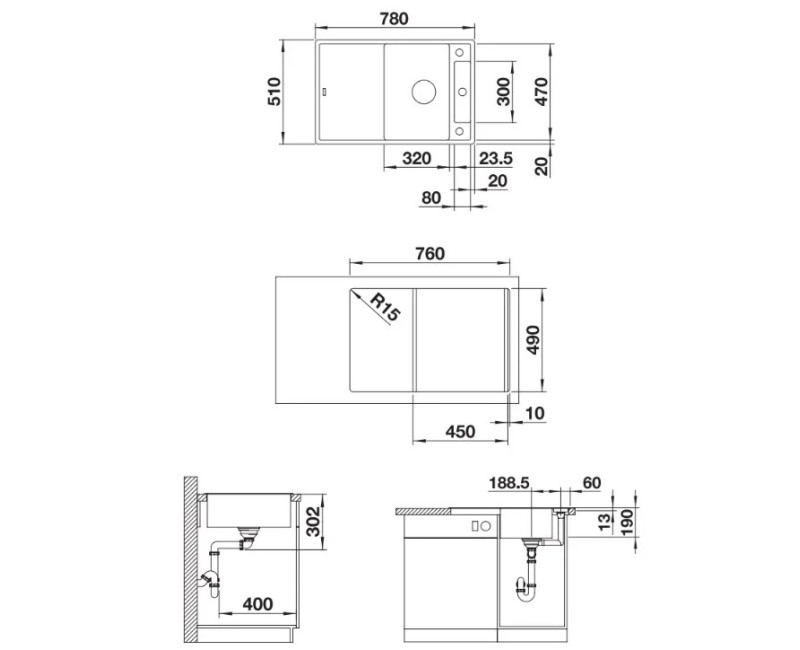 Virtuves izlietne Blanco Axia III 45 Silgranīta, 78x51 cm, ar aksesuāriem, InFino, balta 523177