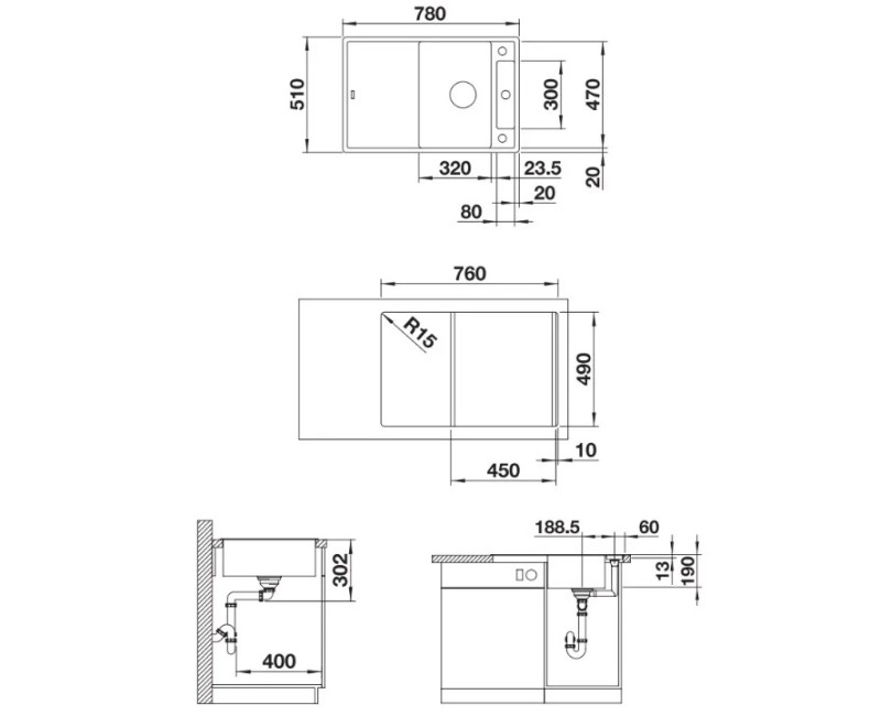 Virtuves izlietne Blanco Axia III 45 Silgranīta, 78x51 cm, ar aksesuāriem, InFino, balta 523187