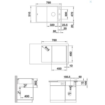 Virtuves izlietne Blanco Axia III 45 Silgranīta, 78x51 cm, ar aksesuāriem, InFino, pelēks akmens 523174