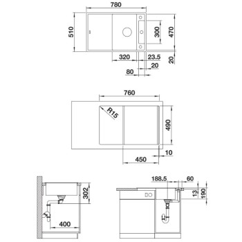 Virtuves izlietne Blanco Axia III 45 Silgranīta, 78x51 cm, ar piederumiem, InFino, tartufo 523180