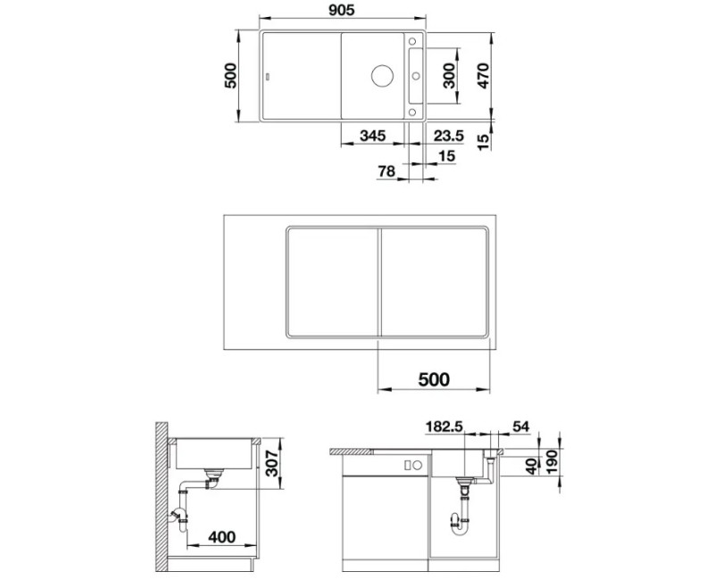 Virtuves izlietne Blanco Axia III 5 Silgranīta, 91x50 cm, ar aksesuāriem, InFino, melna 525846