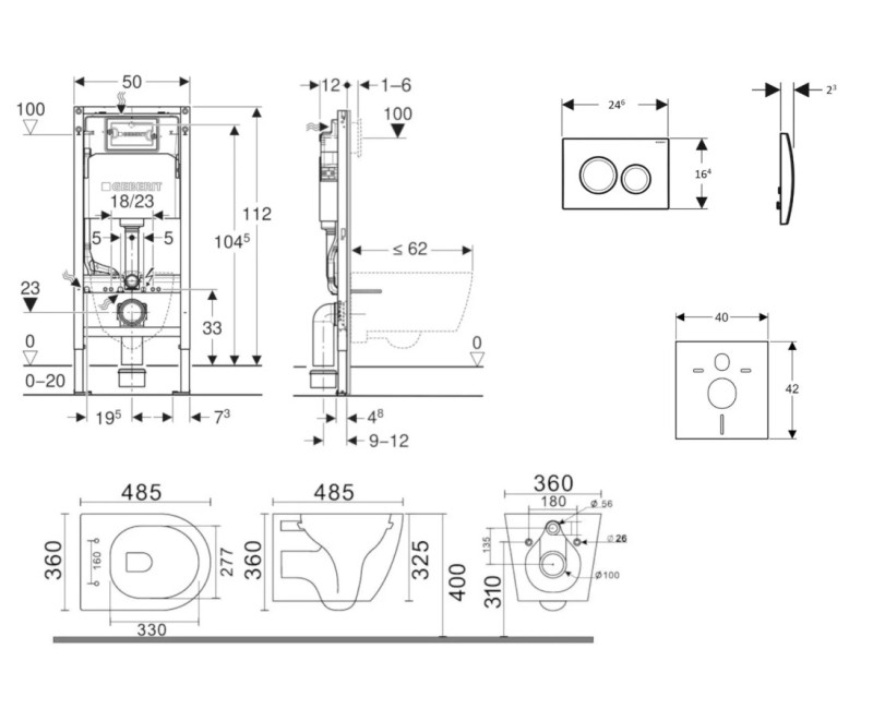 Tualetes poda komplekts Geberit Duofix pods Kielle Gaia Rimless, vāks ar SoftClose, Delta20 poga balta 11CA3152B