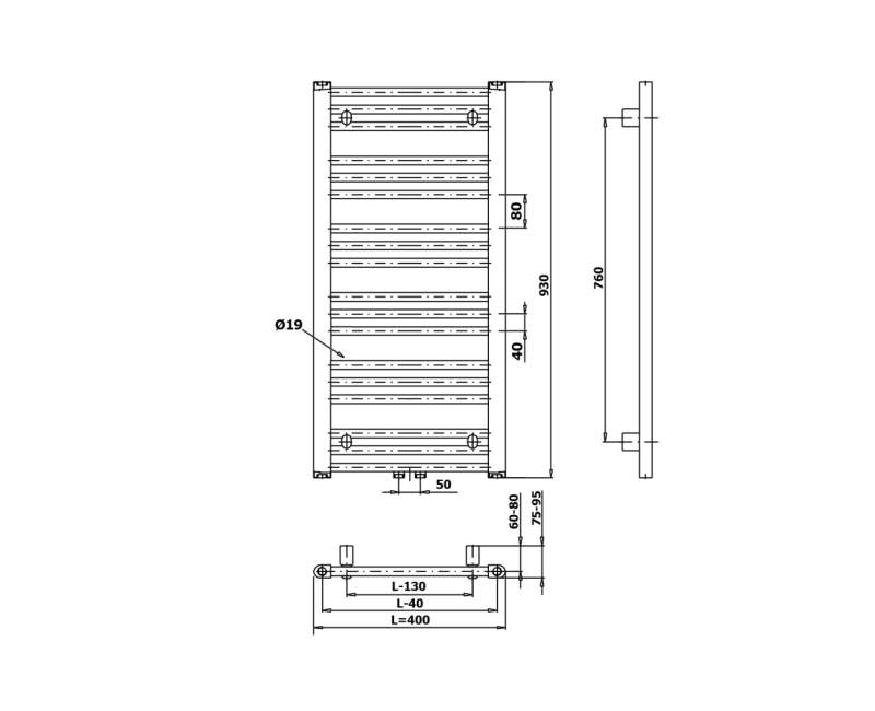 Dvieļu žāvētājs / Radiators Bruckner Albrecht 40x93cm, centrālais pieslēgums, balts 600.111.4