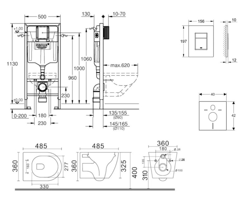Tualetes poda komplekts Grohe Rapid SL pods Kielle Gaia Rimless ar SoftClose Vāku, Skate Cosmopolitan poga, Balta 11BA3103