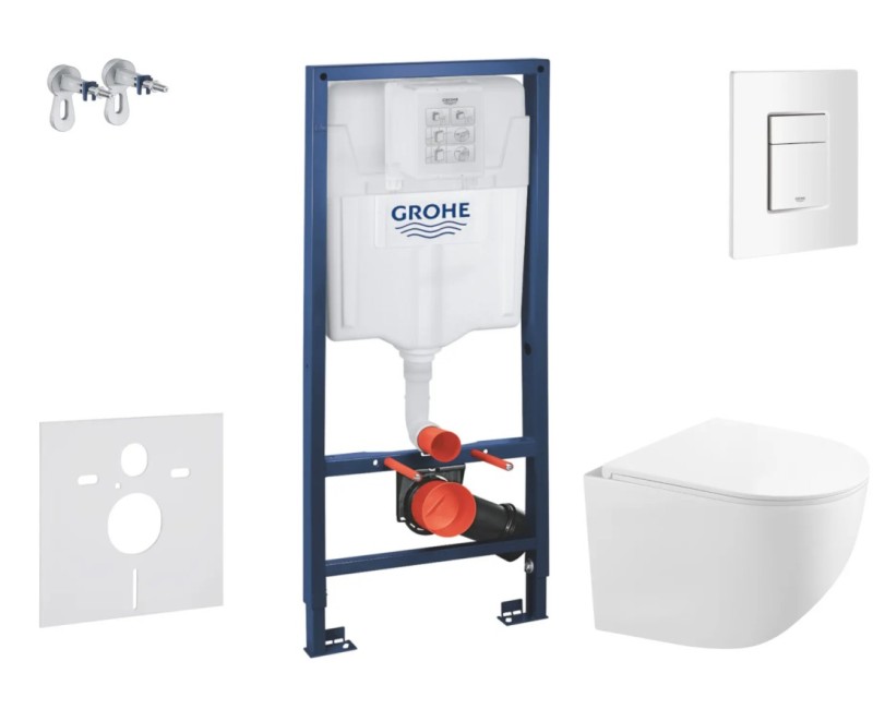 Tualetes poda komplekts Grohe Rapid SL pods Kielle Gaia Rimless ar SoftClose Vāku, Skate Cosmopolitan poga, Balta 11BA3103