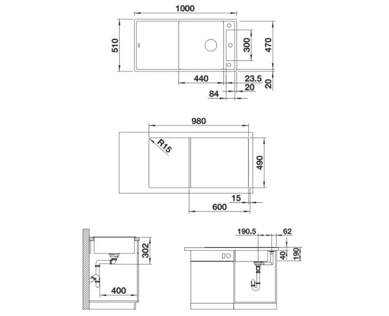 Virtuves izlietne Blanco Axia III XL 6 Silgranīta, 100x51 cm, ar aksesuāriem, InFino, pelēks akmens 523501