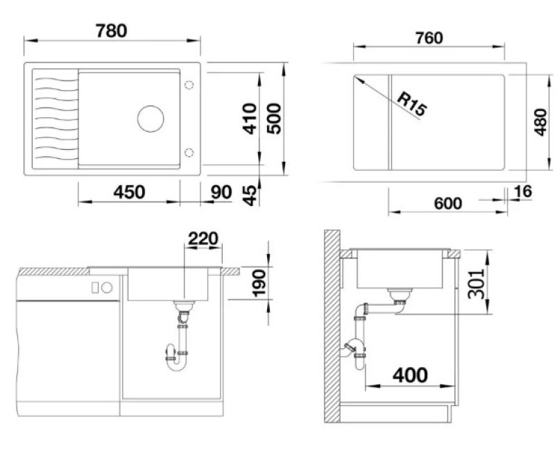 Virtuves izlietne Blanco Elon XL 6 Silgranīta, 78x50 cm, ar notekas kontroli un aksesuāriem, InFino, pelēka 527253