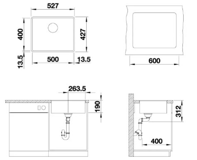 Virtuves izlietne Blanco Subline 500 Silgranīta, 53x43 cm, melna 525994