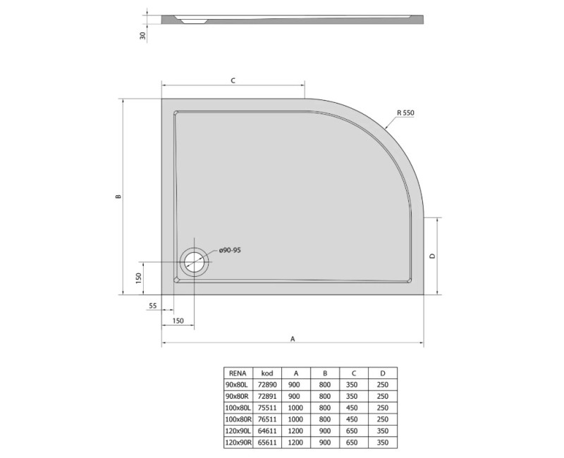 Полукруглый душевой поддон Polysan Marora, правый RENA R 1000x800x30