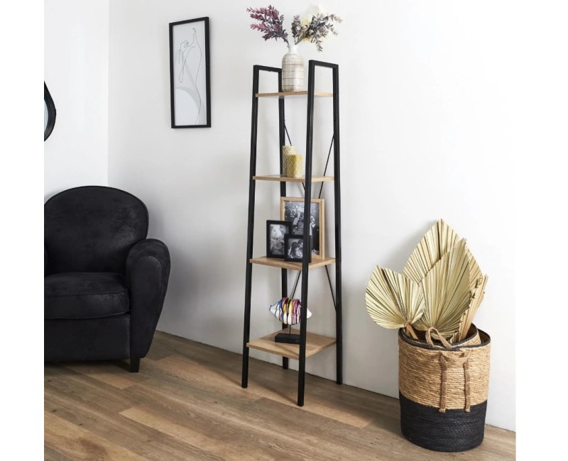 Plaukts Moderns stūra ar 4 līmeņiem, melns metāls un koka tonis, 148 cm HD6428