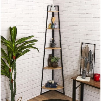 Plaukts Moderns stūra ar 5 līmeņiem, melns metāls un koka tonis, 180 cm HD51901
