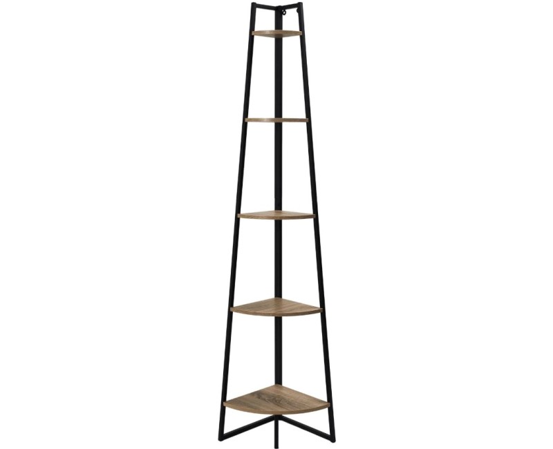Plaukts Moderns stūra ar 5 līmeņiem, melns metāls un koka tonis, 180 cm_HD51901