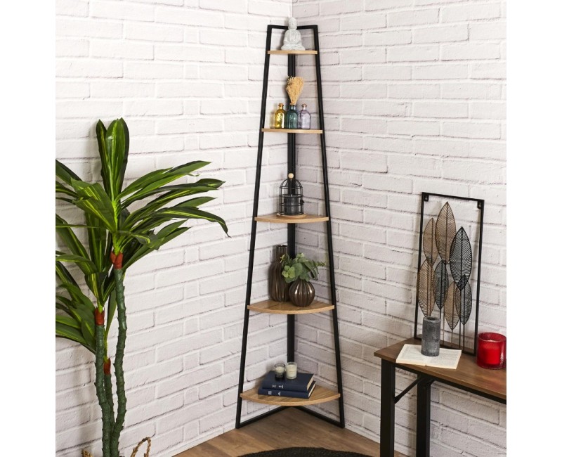 Plaukts Moderns stūra ar 5 līmeņiem, melns metāls un koka tonis, 180 cm_HD51901