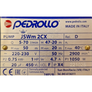Ūdens sūknis ar hidroforu Pedrollo JSWm2CX-60 CL (0.75kW ~230V)