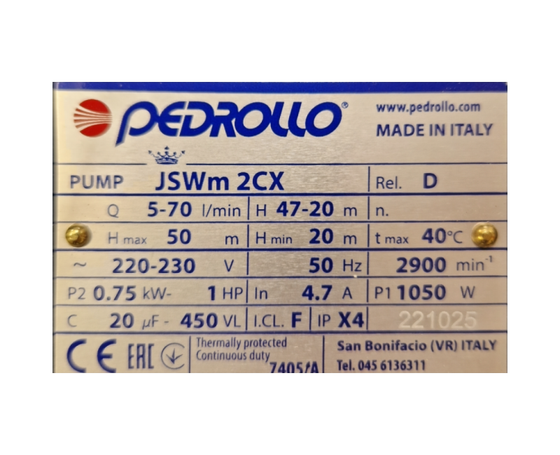 Водяной насос с Гидрофором Pedrollo JSWm2CX-60 CL (0,75 кВт ~230 В)