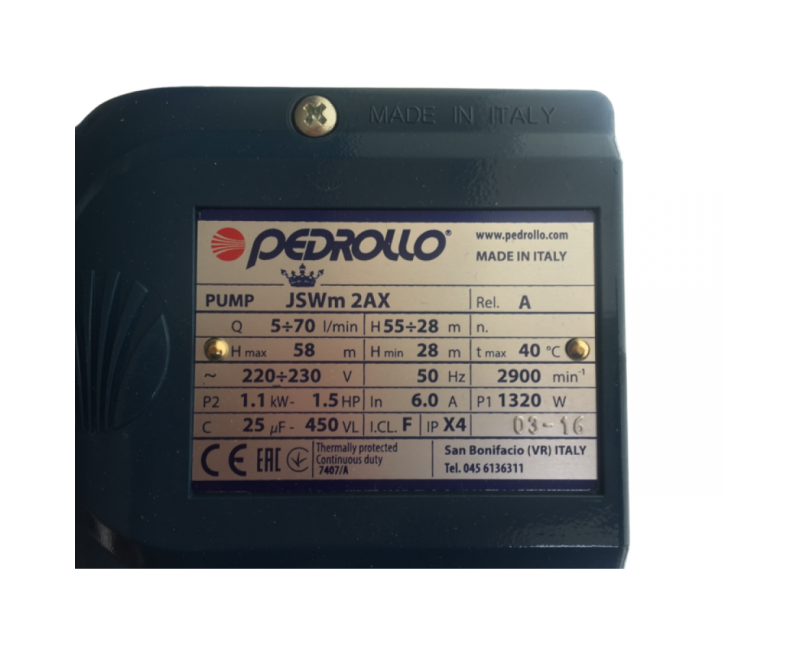Ūdens sūknis ar hidroforu Pedrollo JSWm 2AX-100 APT(1.1kW ~230V)