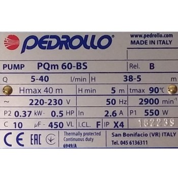 Ūdens apgādes sūknis Pedrollo PQm 60-Bs 0,37kW 230V 50Hz