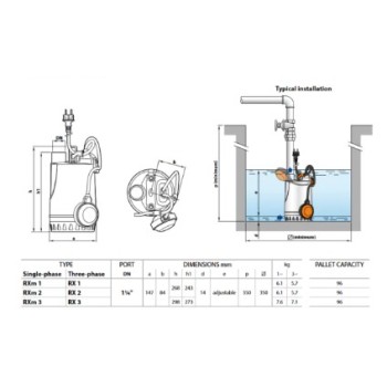 Iegremdējamais (Drenāžas) sūknis Pedrollo RXm-1 0,3kW 230V 50Hz