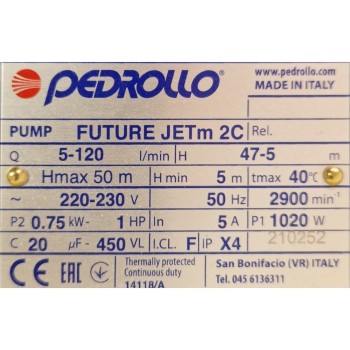 Ūdens apgādes sūknis Pedrollo FUTURA JET2C (0,75kW ~220V)