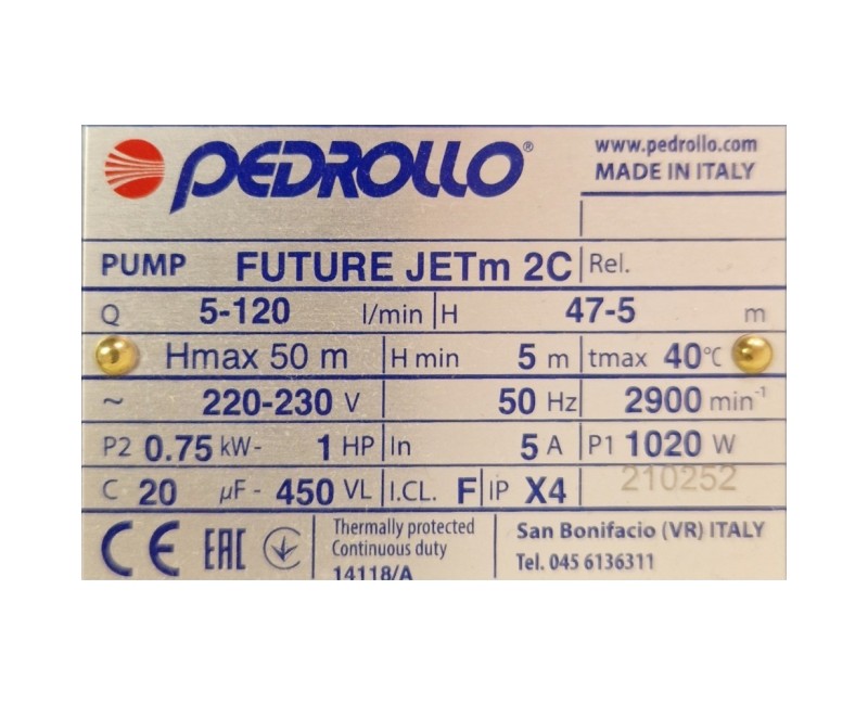 Ūdens apgādes sūknis Pedrollo FUTURA JET2C (0,75kW ~220V)