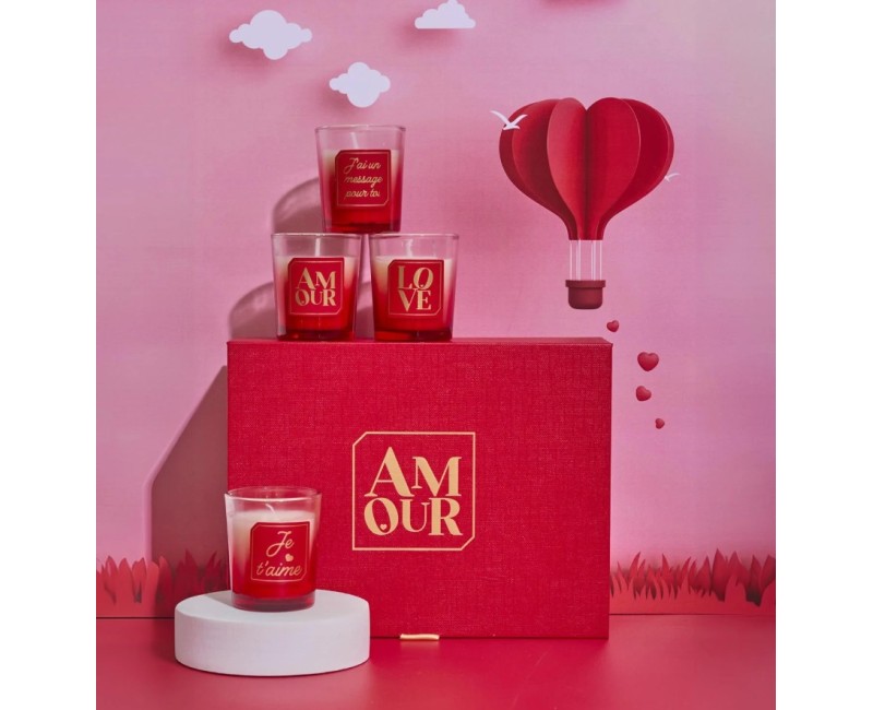 Aromātisko sveču komplekts Romantiska “AMOUR” – dāvanu kaste ar mīlestības vēstījumiem