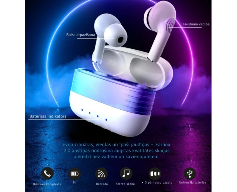 Bezvadu austiņas Earbox 2.0 ar uzlādes futrāli