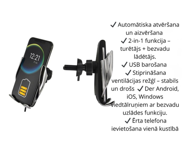 Bezvadu auto telefona turētājs 2-in-1 ar automātisku fiksāciju (bezvada lādēšana) HT1941